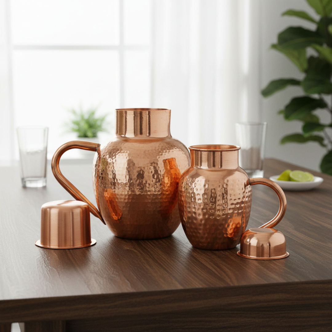 Pure copper hammered surai jug with bowl style lid, 1600 ML